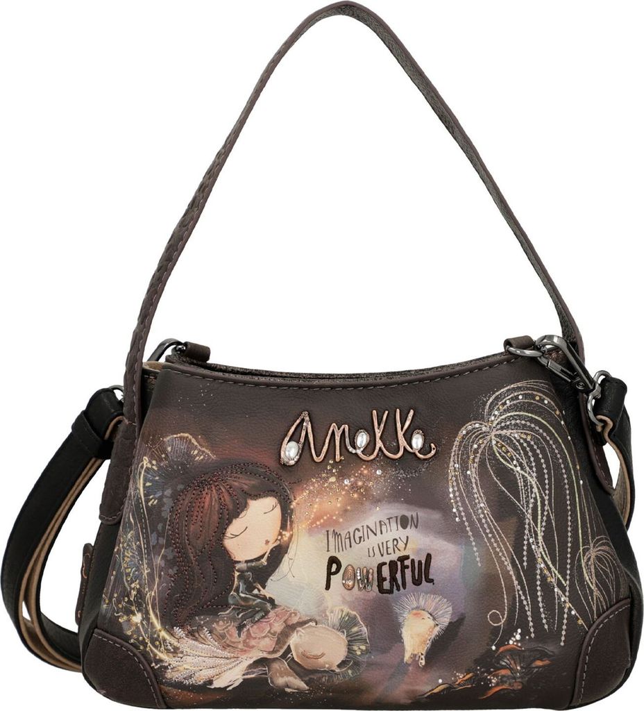 A handbag with a detailed illustration and branding.