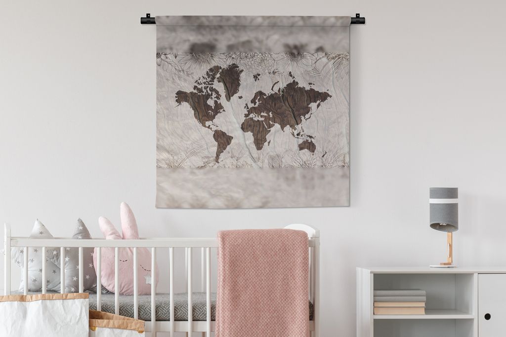 MuchoWow Wandteppich Wandbehang Weltkarte - Braun - Blume 90x90 cm Tapisserie Dekoration Wandtuch - Wandaufhänger