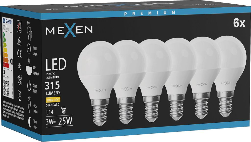 Mexen Nova 6x LED Glühbirne E14, G45, 3W, Warm - 3000K, 315 lm - L101-E14-0330-01x06