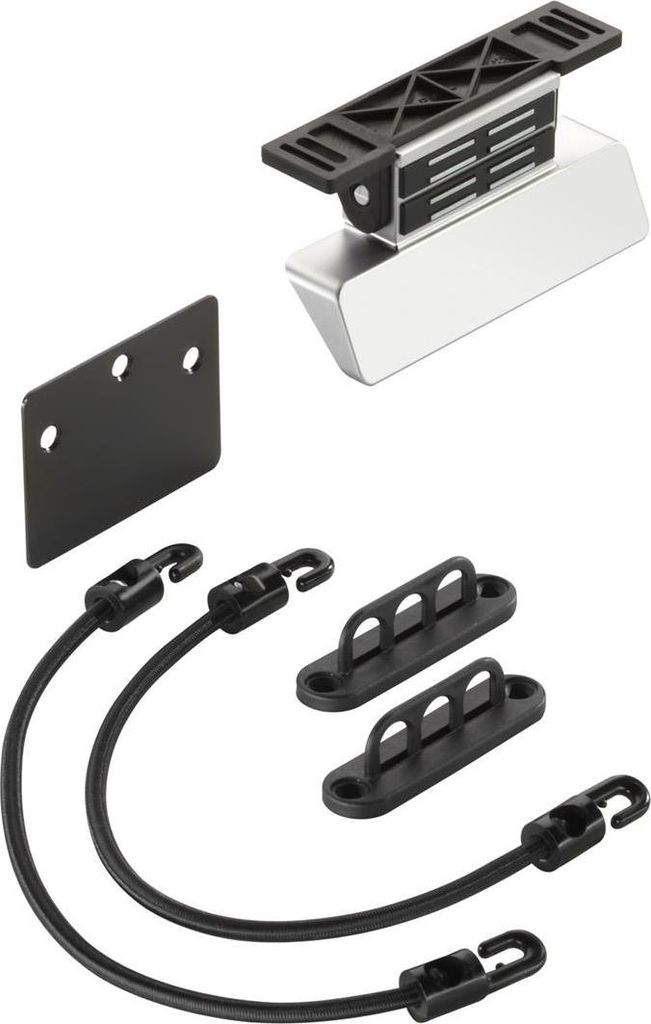 A collection of hardware components for a foot-operated door opener.