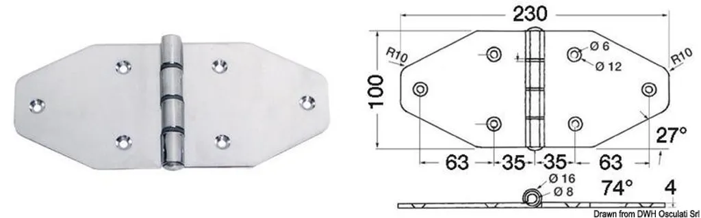 Charnière 230x100 mm robuste en métal traité pour usage extérieur