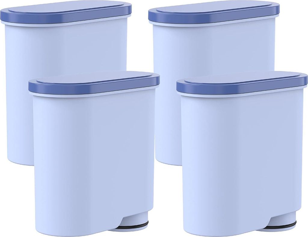 Four light blue water filter cartridges with blue lids are arranged in a two-by-two grid against a white background.