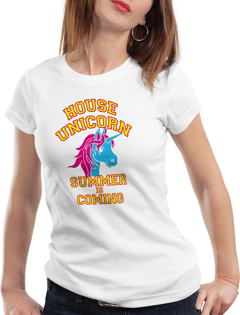 style3 House Unicorn Summer is coming Damen T-Shirt Einhorn, Farbe:Weiß, Größe:2XL