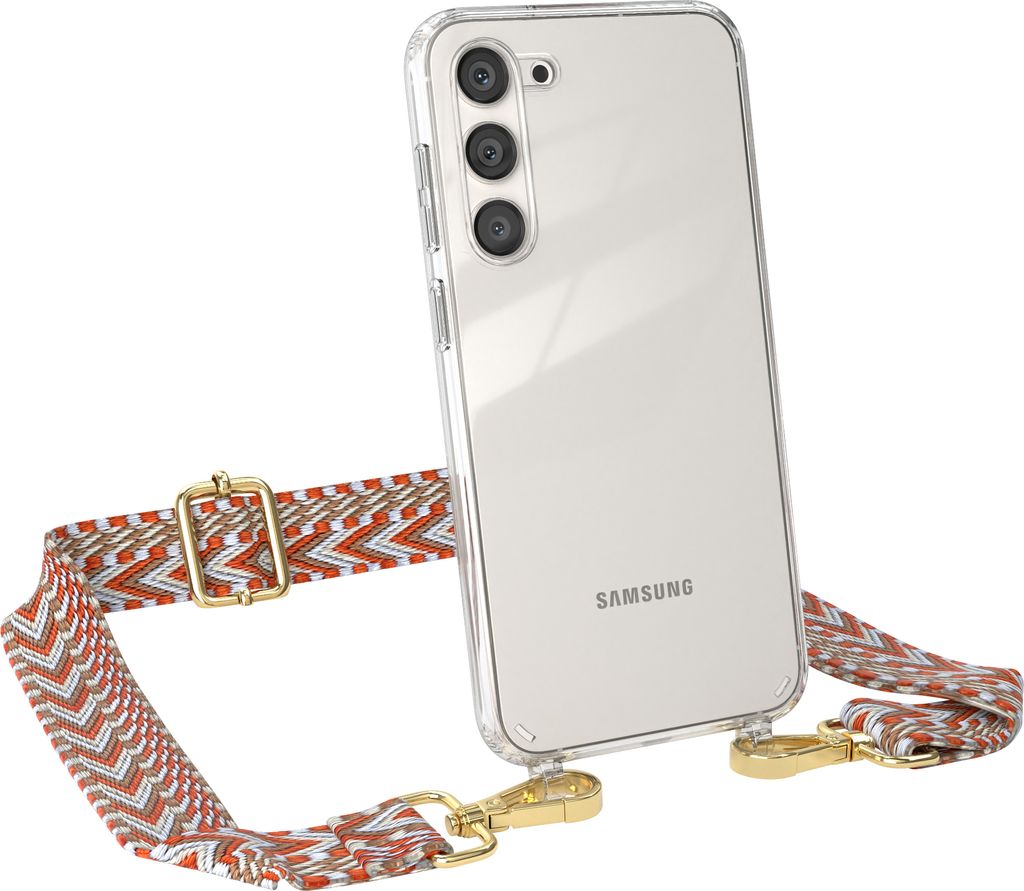 EAZY CASE Handykette - Verstellbarer Trageriemen kompatibel mit Samsung Galaxy S23 Plus, Handykordel mit transparenter Silikon-Hülle, Band in Orange
