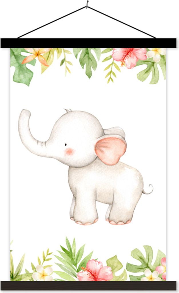 MuchoWow Textilposter Elefant - Blumen - Aquarell 60x90 cm mit schwarzem Rahmen - Poster Wohnzimmer