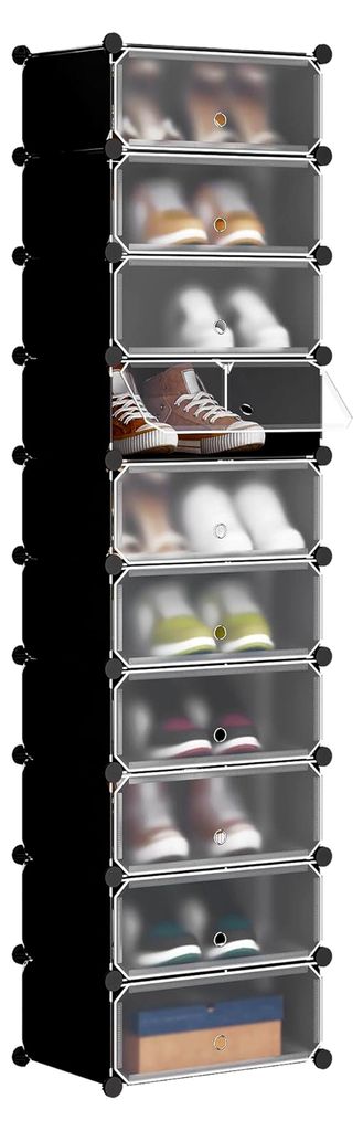 Schuhregal Schuhschrank Schuhablage Schuhständer Aufbewahrung Lagerregal mit Tür, 10 Fächer, Kunststoff, 47x37x170cm (BxTxH), Schwarz