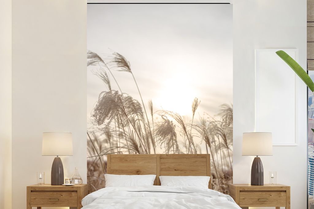 MuchoWow Fototapete für Wohnzimmer oder Schlafzimmer Wandtapete Vinyl Motivtapete Schilf - Stilleben - Himmel - 145x220 cm - Wanddekoration