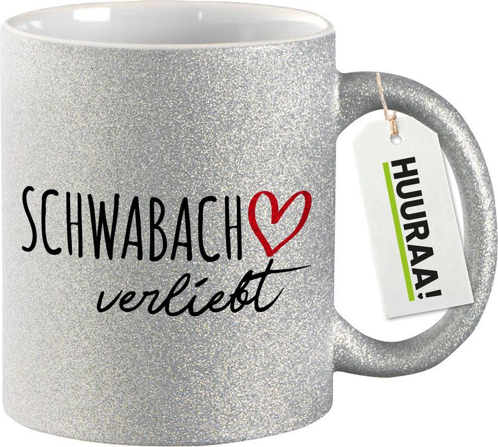 Huuraa Glitzertasse Schwabach verliebt 330ml Silber Keramik Kaffeebecher Geschenkidee