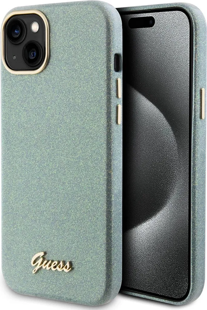 Guess iPhone 15 Plus Custodia Khaki Glitter Glossy Script - Lusso