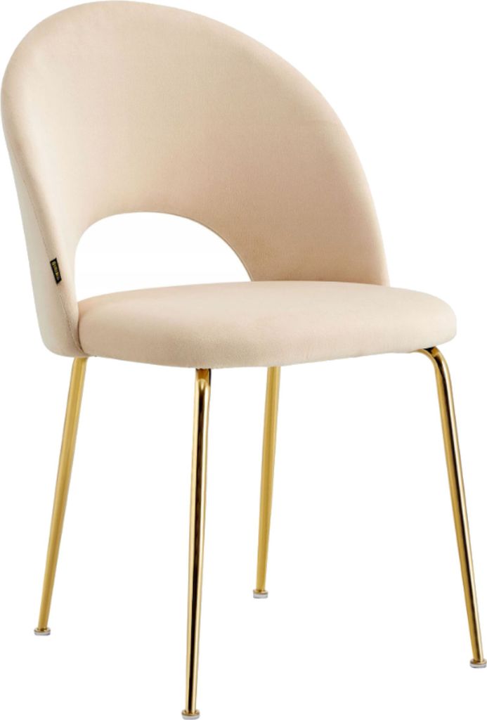 A single beige upholstered chair with gold metal legs, presented against a white background.
