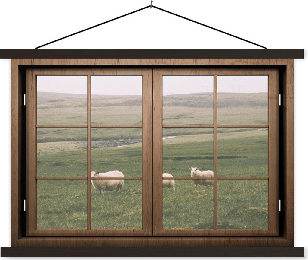 MuchoWow Textilposter Durchsichtig - Schafe - Tiere 90x60 cm mit schwarzem Rahmen - Aufhängungssatz