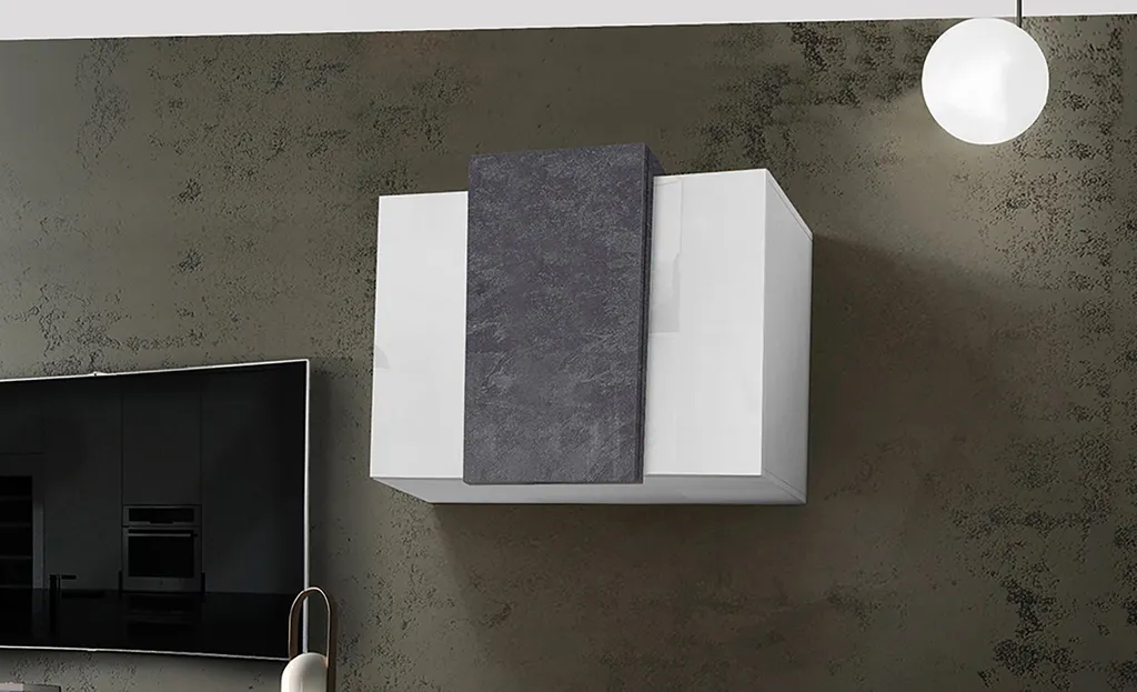 Rangement Mural Haut Catania 90cm - Blanc Brillant & Ardoise - Idéal Cuisine