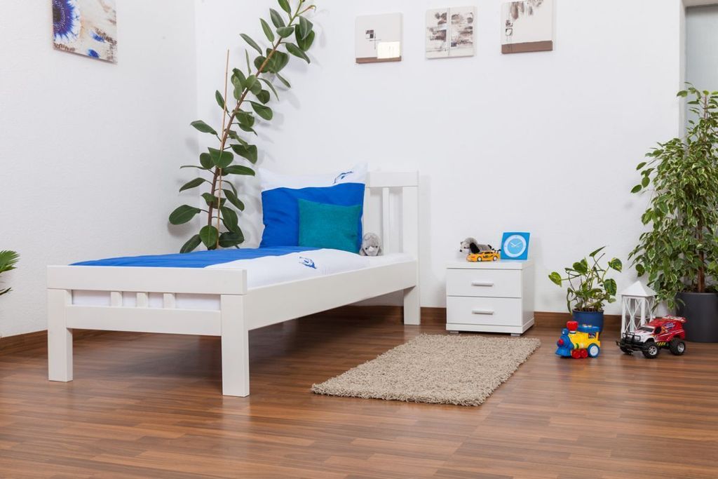 Bettrahmen für Kinder / Kinderbett 90 x 190 cm | Massivholz: Buche | Weiß Lackiert | besonders hohe Qualität