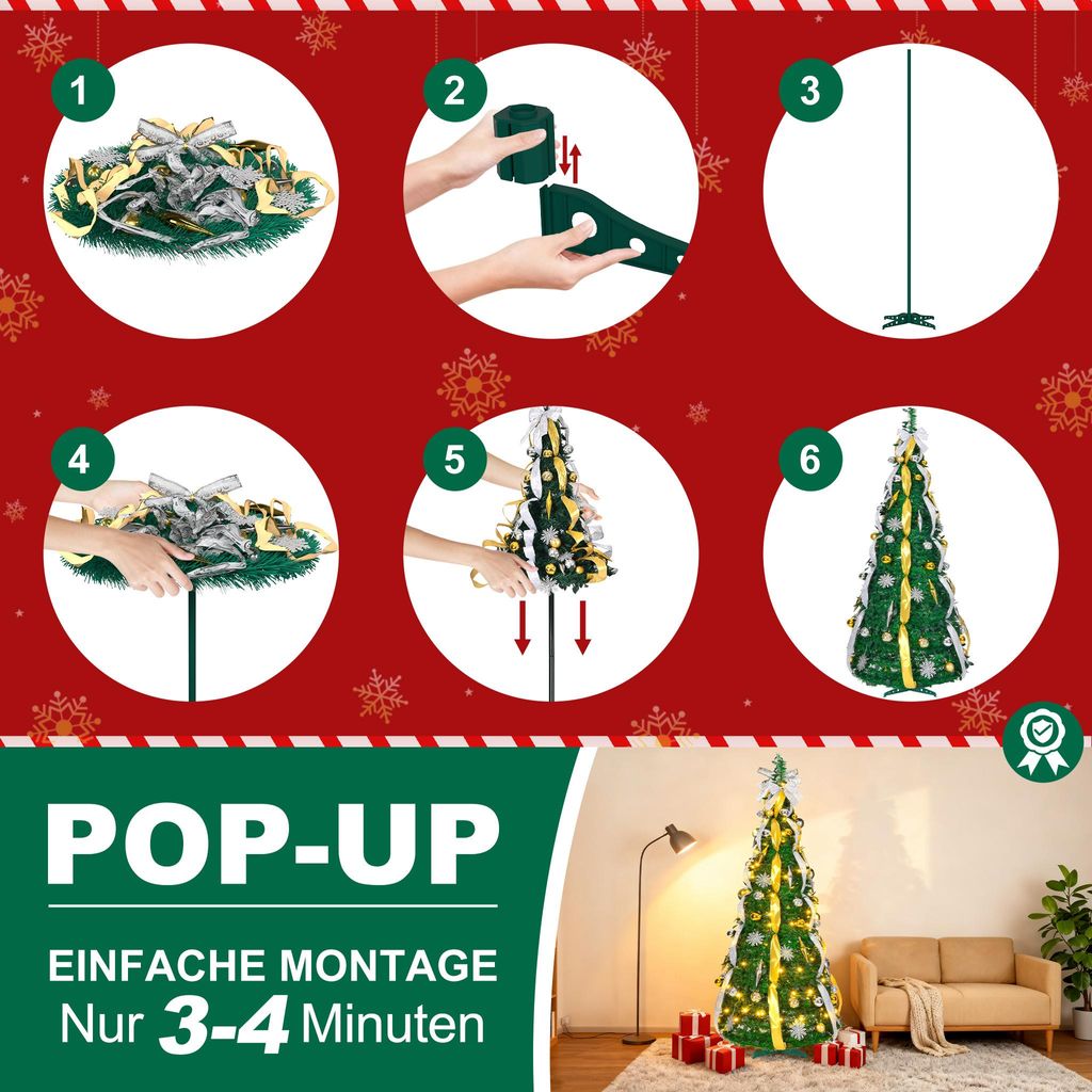 LARS360 Pop-Up Weihnachtsbaum 150 cm mit LED, Gold-Silber