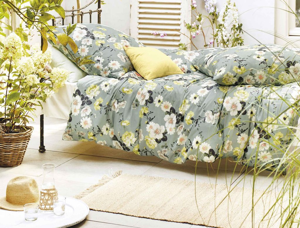 Irisette Sky Mako-Satin Bettwäsche 155x220 Blüten Blumen jade gelb weiß 8378-30