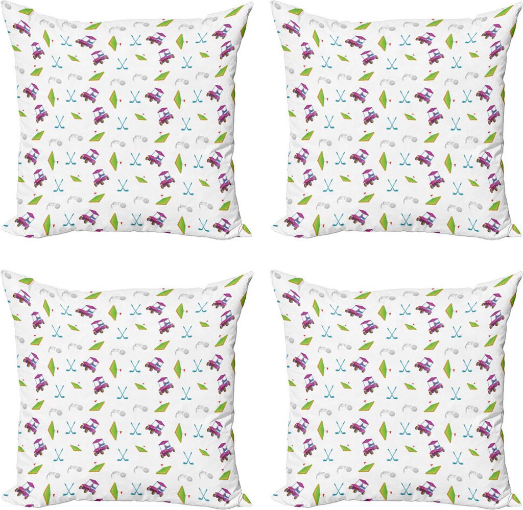 ABAKUHAUS Golf Kissenbezug Set (4 Stück), Clubs Carts Ball-Flagge auf Gras, Moderner Doppelseitiger Digitaldruck, 40 cm x 40 cm, Lime Green Lila