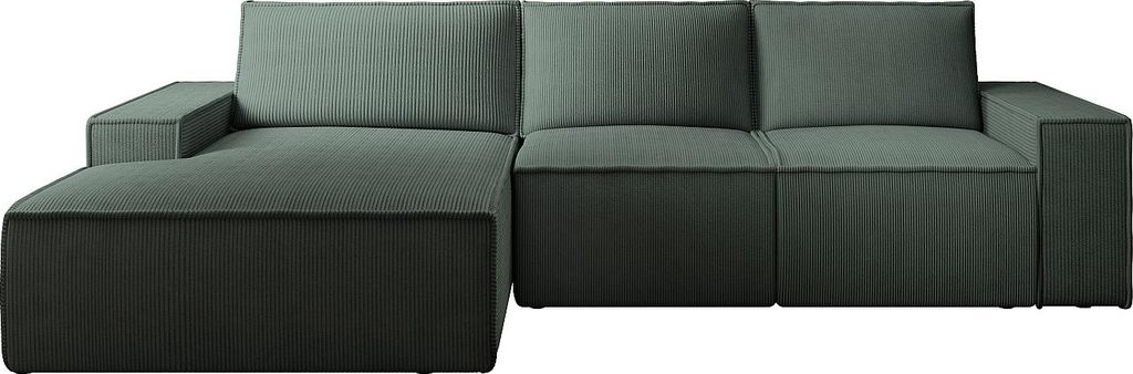 Großes Ecksofa Bett links klappbar Cord grün - AMELIA