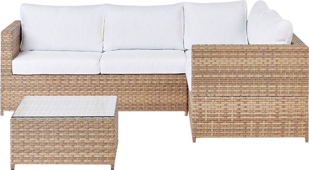 BELIANI Lounge Set Hellbraun Rattan 2-Teilig Modern 4-Sitzer Ecksofa Linksseitig mit Couchtisch Auflagen Cremeweiß Terrasse Outdoor Gartenmöbel