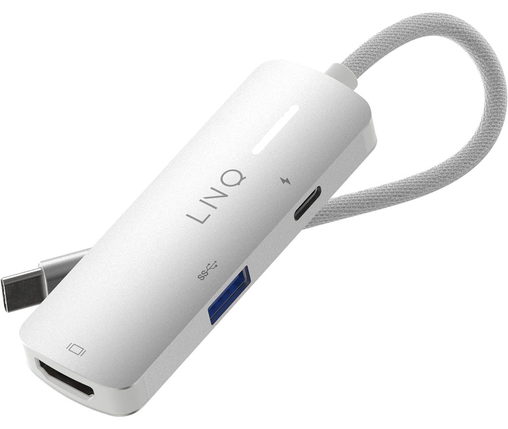 LINQ 4K HDMI Adapter with PD and USB-A, Kabelgebunden, USB 3.2 Gen 1 (3.1 Gen 1) Type-C, 140 W, Grau, Weiß, Acrylnitril-Butadien-Styrol (ABS), Alu...