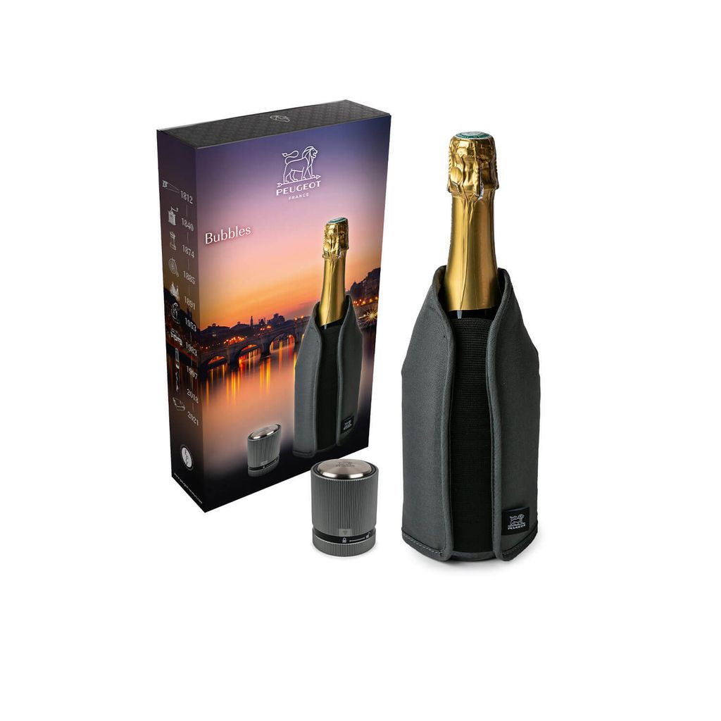 Peugeot Bubbles Frizz Kühlmanschette Grau & Line Champagnerverschluss Carbon