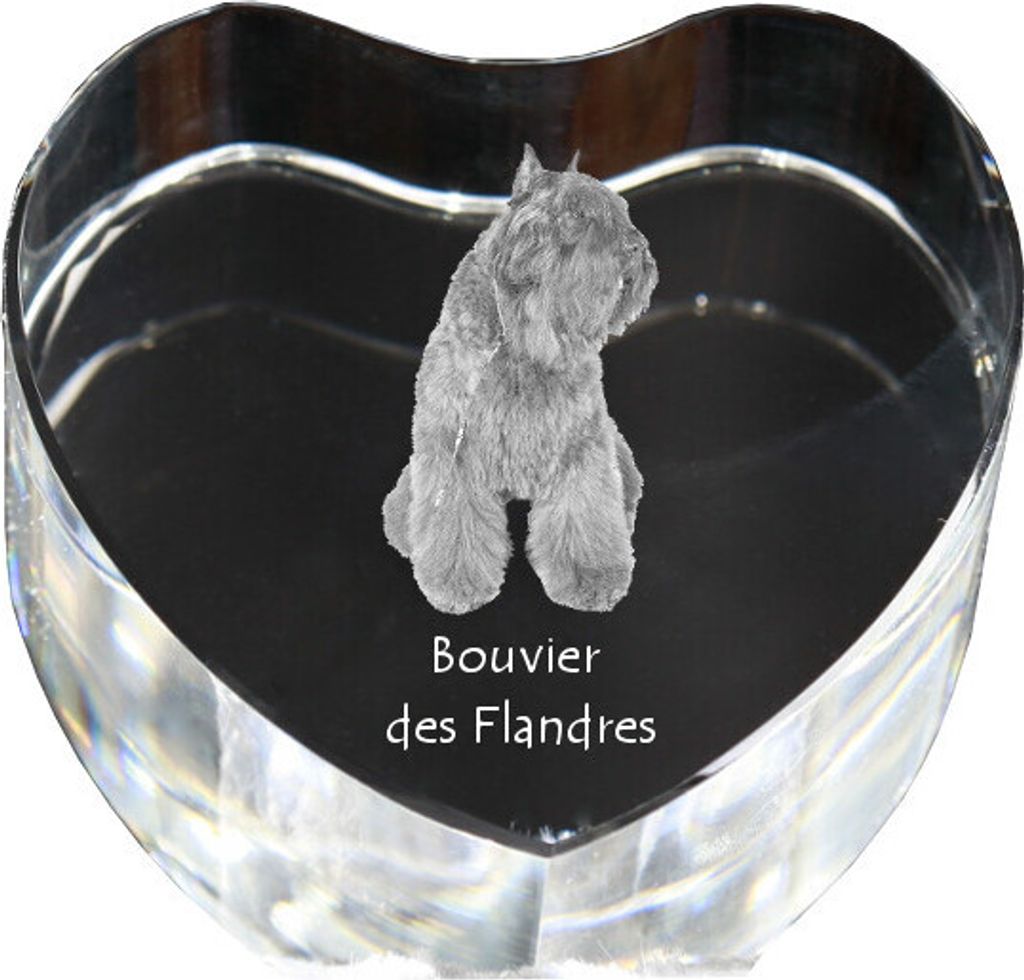 Flandrischer Treibhund, Bouvier des Flandres - Hundebild im Kristall, Kristallherz, einzigartiger Bilderrahmen der Marke Art-Dog