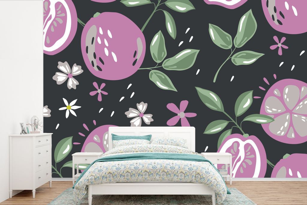 MuchoWow Fototapete für Wohnzimmer oder Schlafzimmer Wandtapete Vinyl Motivtapete Sommer - Blumen - Obst - Schwarz - 420x280 cm - Zimmer für Ki...