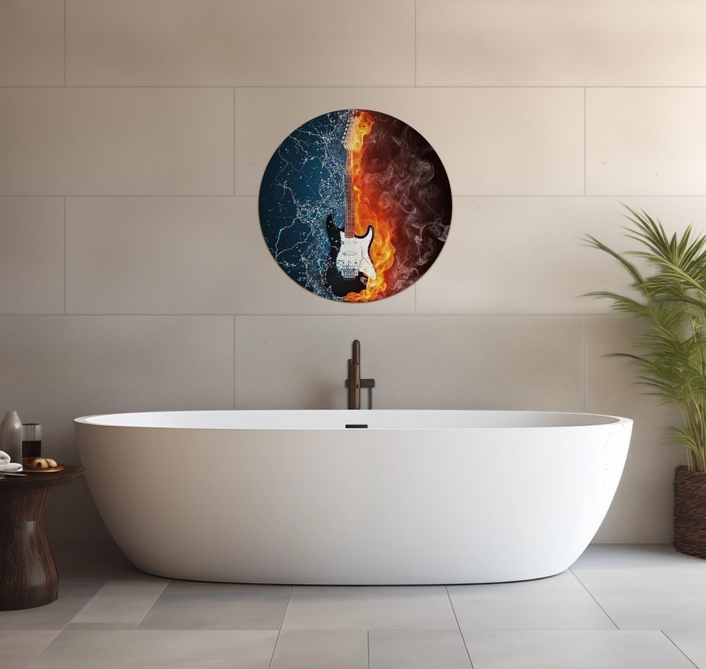 Wallario wasserfestes Poster selbstklebend 60 x 60 cm, Feuer-Wasser-Gitarre, Badezimmerposter Spritzschutz mit Hochglanzoberfläche in Glasoptik