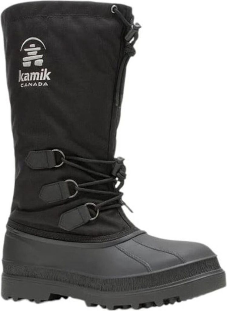 A black winter boot on a white background.