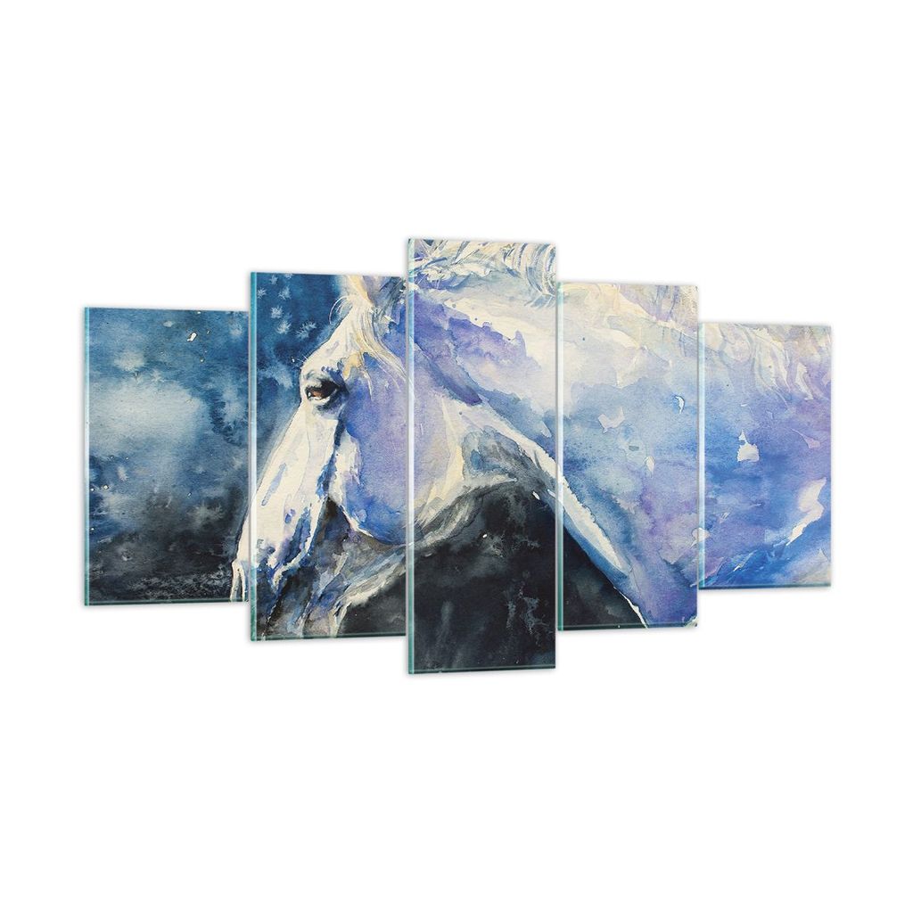 Bilder auf glas - 5 Teile - Pferd Aquarell Porträt - 160x85cm - Glasbilder - Wandbilder - Bilder - zum Aufhängen bereit - Wanddekoration aus Glas...