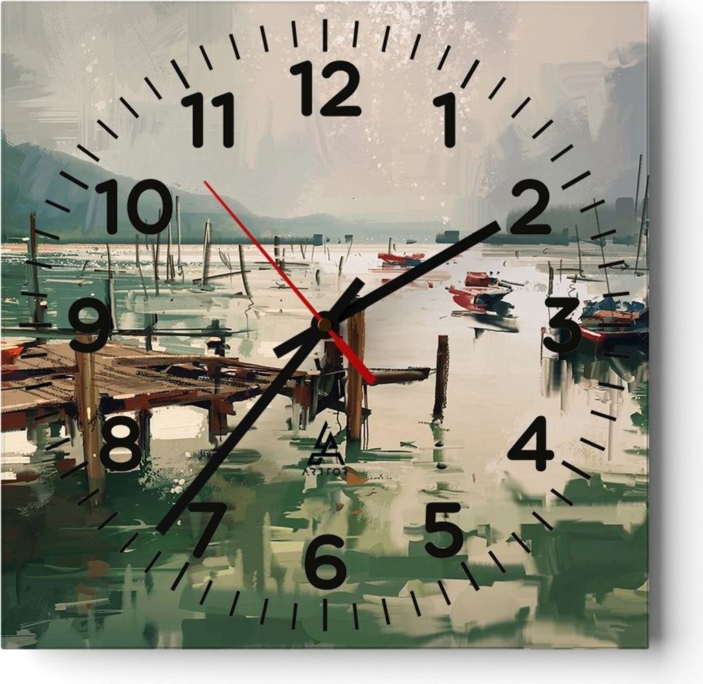 Wanduhr - Quadrat - Glasuhr - Boot Ufer Brücke - 40x40cm - Schleichendes Uhrwerk - Lautlos - zum Aufhängen bereit - Dekoration Modern - Wanddekor...