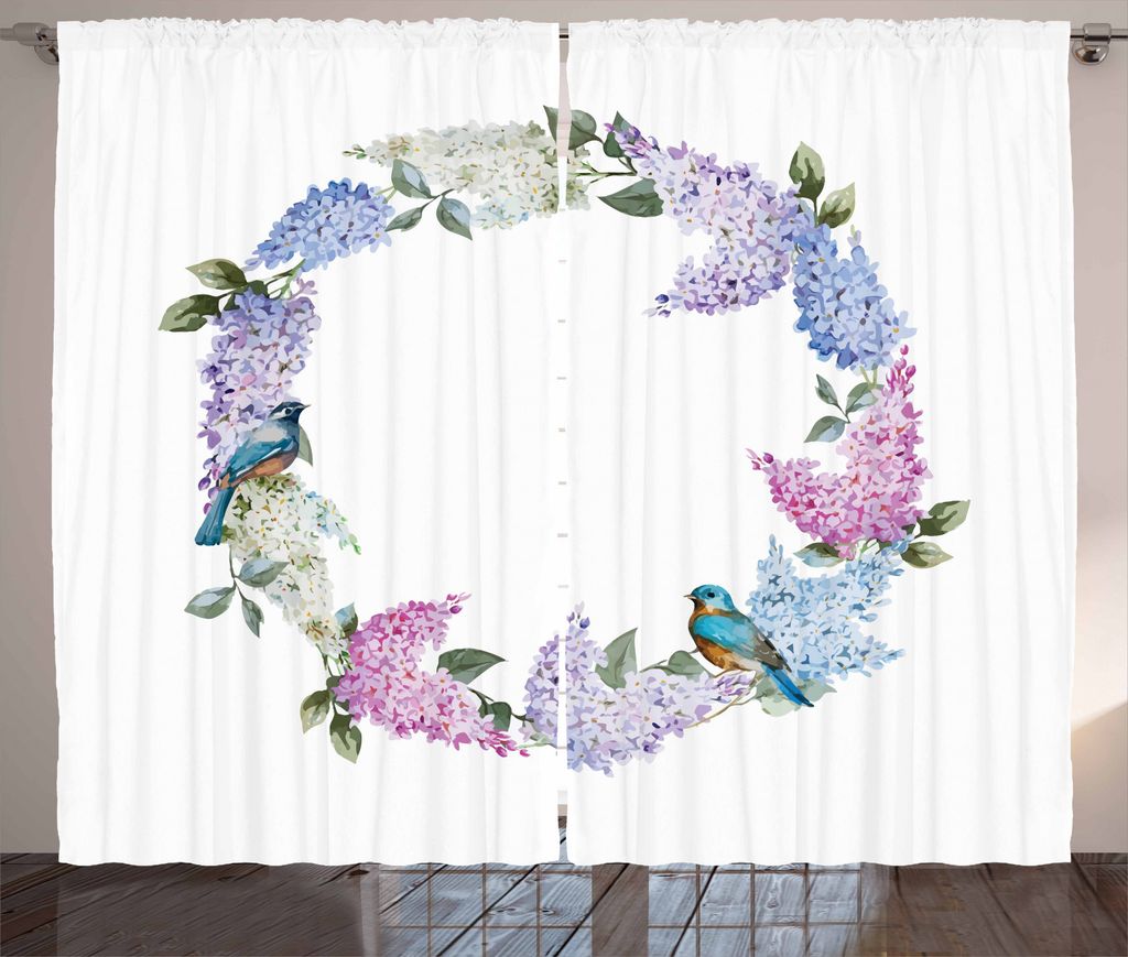 ABAKUHAUS Lila Rustikaler Vorhang, Blumenkranz und Vogel, Wohnzimmer Universalband Gardinen mit Schlaufen und Haken, 280 x 175 cm, Mehrfarbig
