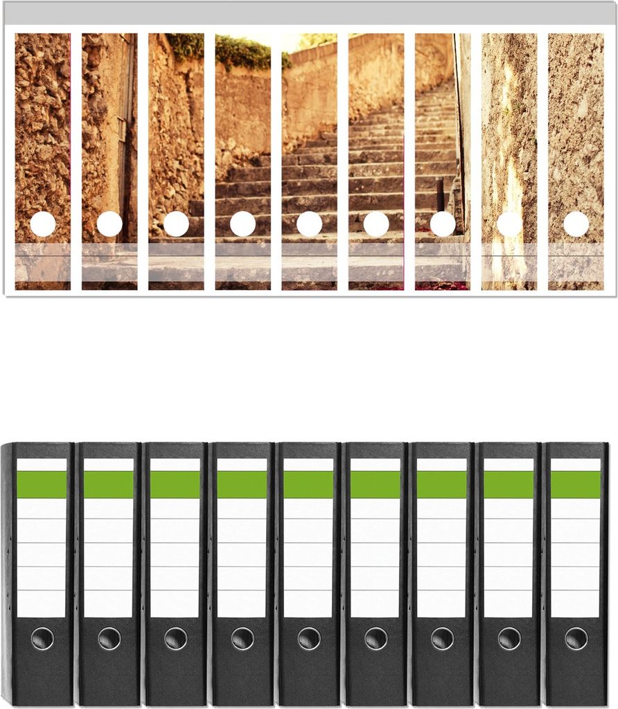 Wallario 9 Stück breite Ordner inkl. Klebeetiketten mit Motive Steinerne Treppe in Italien - Set mit Rückenschildern / Ordnerrücken Stickern