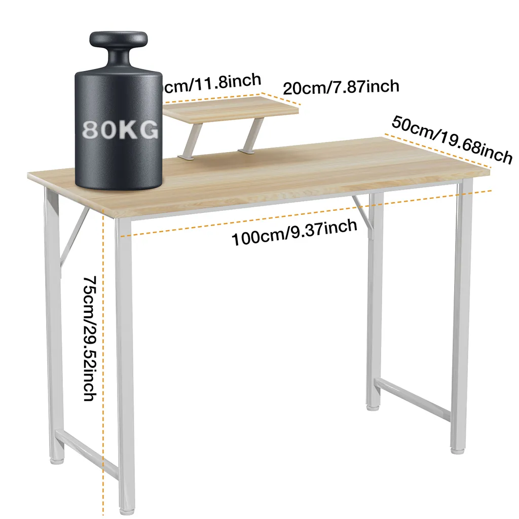 Table d'ordinateur PC en bois 100cm, petit bureau avec réhausse écran