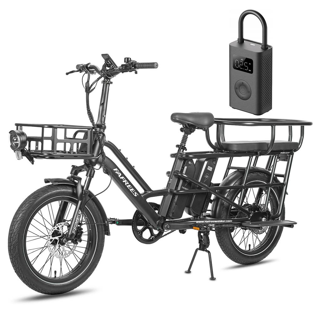 FAFREES FF20 CUV Familien-Longtail E-Cargo-Bike – Modulares E-Bike mit Dual-Akku & 200 kg Traglast Schwarz+Mijia Luftpumpe 2nd+Kindersitze