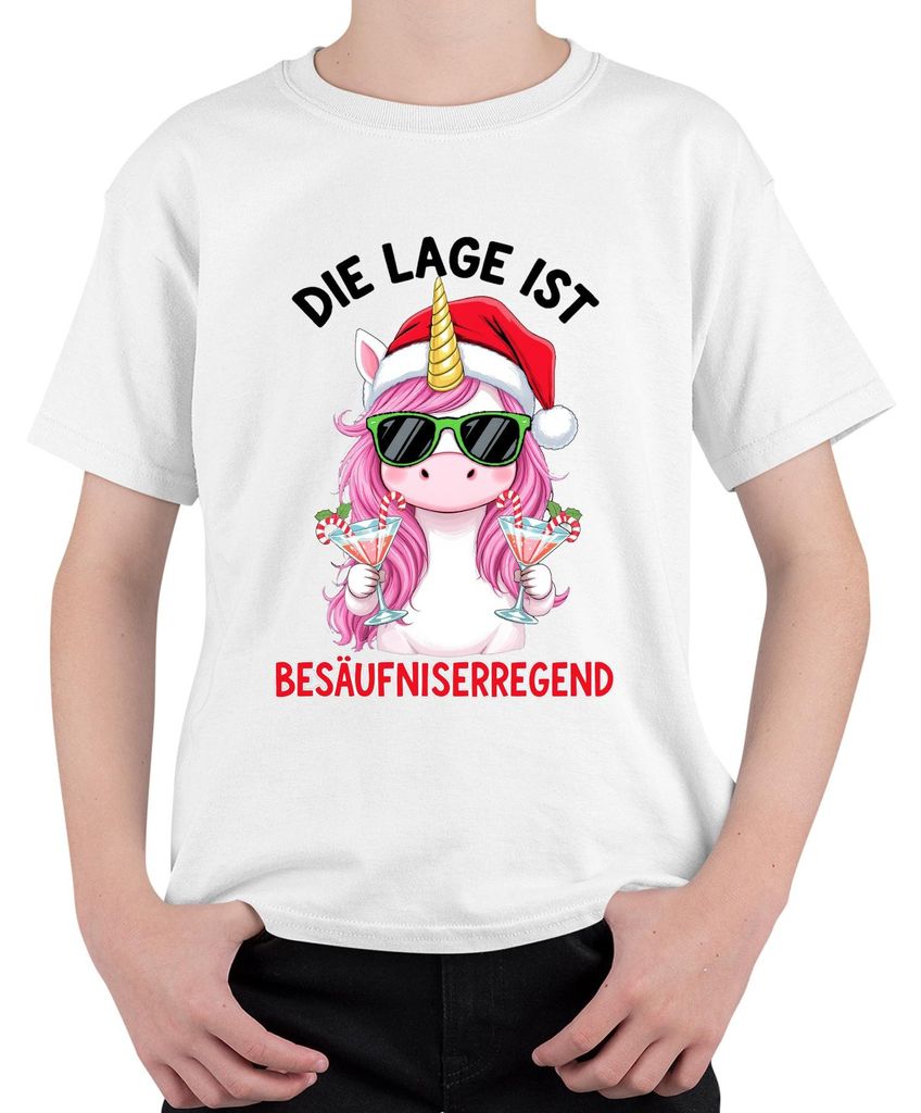 Die Lage ist Besäufniserregend Weihnachten Einhorn Saufen Uni Kinder T-Shirt, Weiß, 140