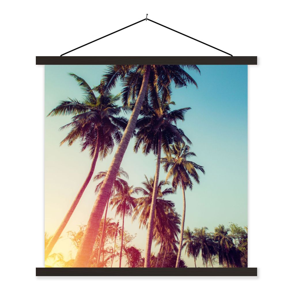 MuchoWow Textilposter Palme - Sommer - Retro - Sonne 120x120 cm mit schwarzem Rahmen - Aufhängungsset