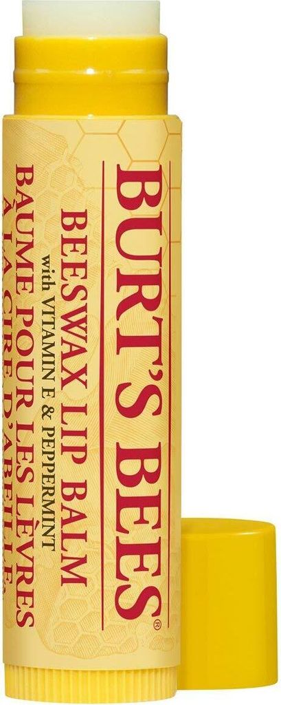 A Burt's Bees Beeswax Lip Balm tube is shown against a white background with the cap off.