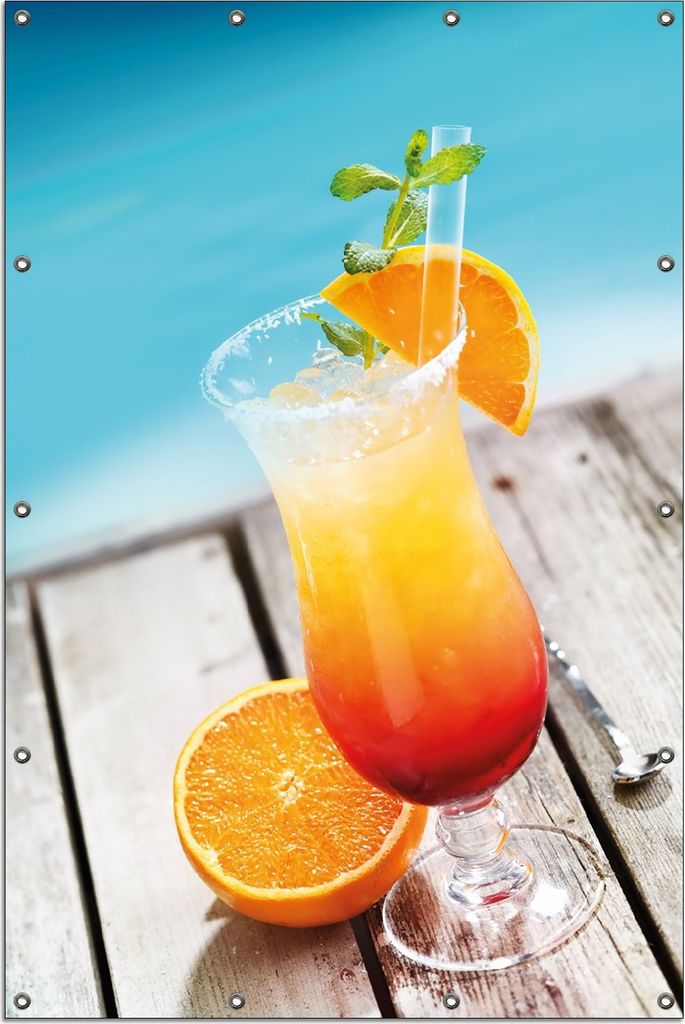 Wallario Outdoor-Poster für Garten oder Balkon, Motiv Bunter Cocktail am Pool, in ca. 120 x 180 cm