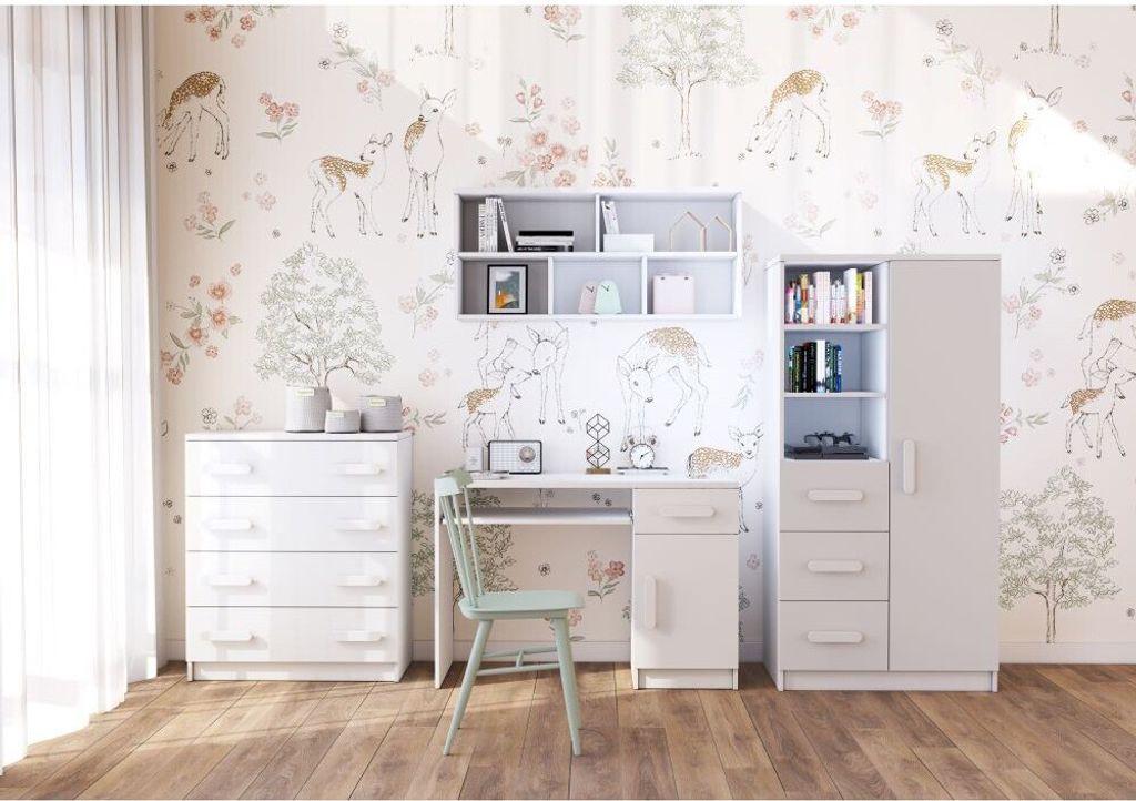 Kinderzimmer-Set Regal Wandregal Kommode Schreibtisch Weiß/Weiß mit weißen Griffen Jonas I 05