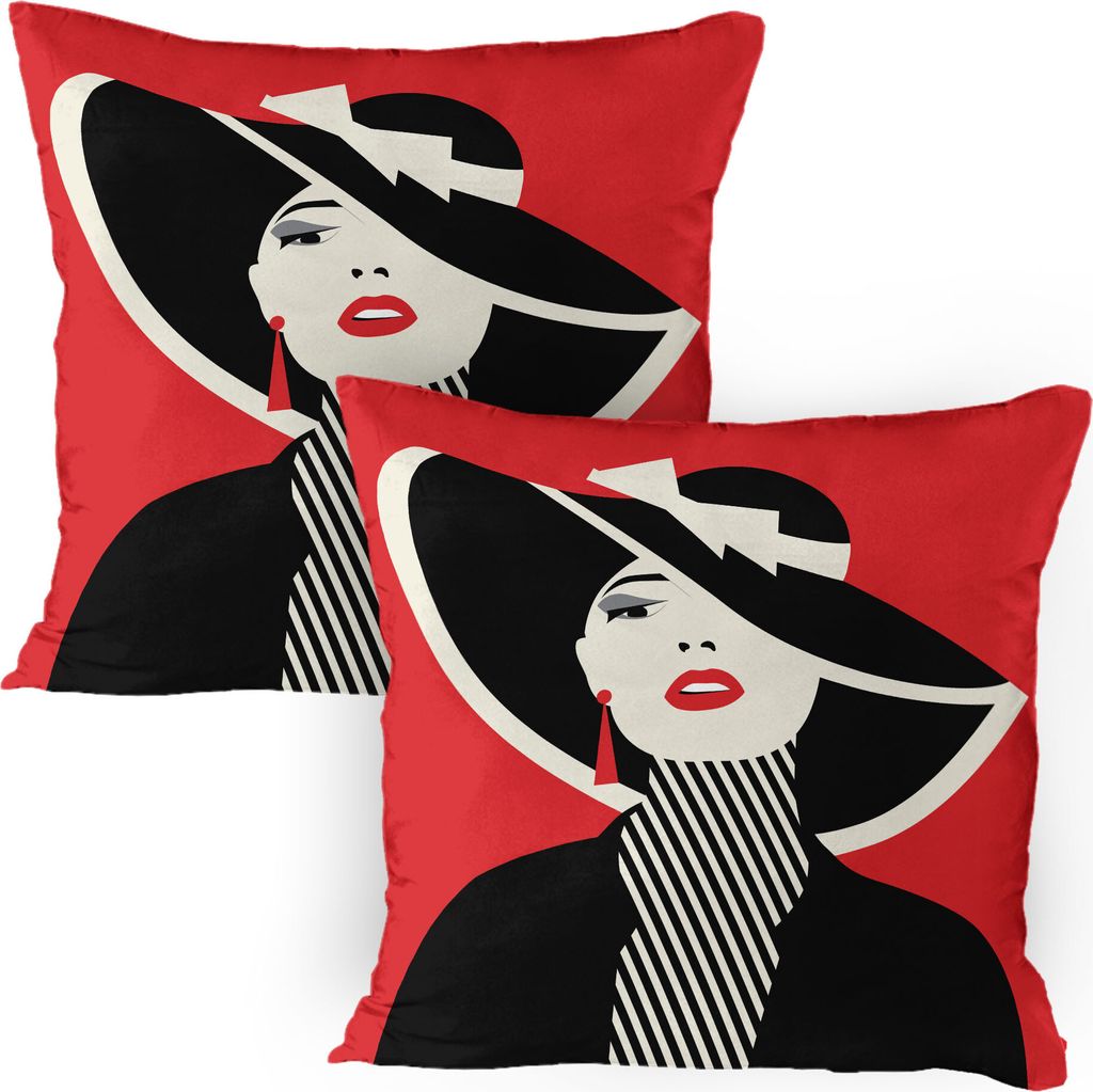 ABAKUHAUS Mode Kissenbezug Packung mit 2, Französische Art-Ikone im Shabby Chic-klassischen Weinlese-Hut und im gestreiften Mantel-Entwurfs-Druck,...