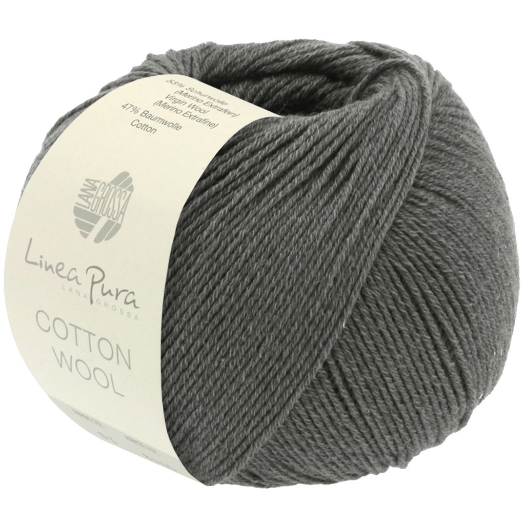 A ball of dark gray yarn with a label wrapped around it.