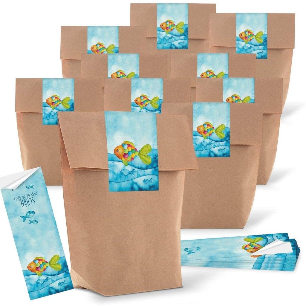 10 kleine braune Papier-Tüten 14 x 22 x 5,6 cm + blau türkise Regenbogen-Fisch SCHÖN DASS DU DA BIST Aufkleber Verpackung give-away Kinder Mitge...
