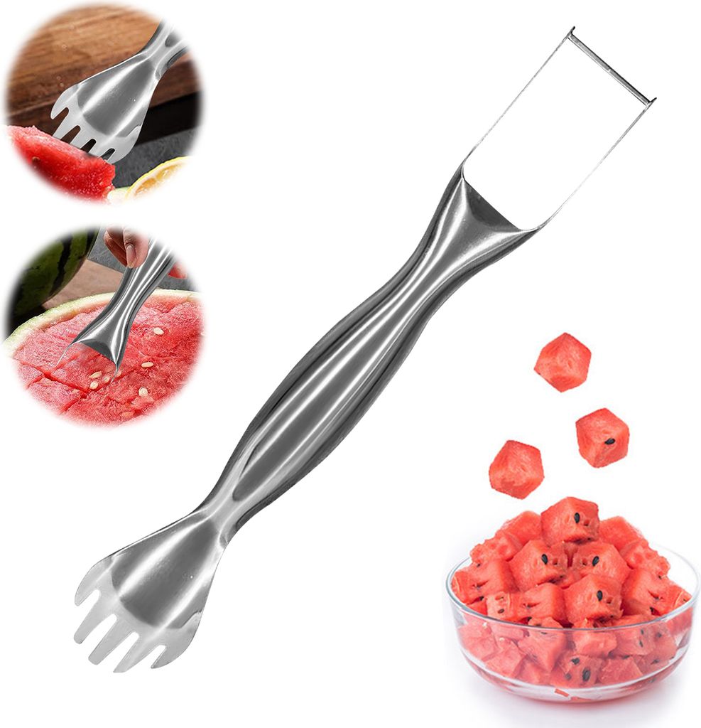 Wassermelonenschneider, Edelstahl, 2-in-1-Obstschneider, Gabel, Wassermelonenschneider, effizientes Schneidwerkzeug für Party und Camping