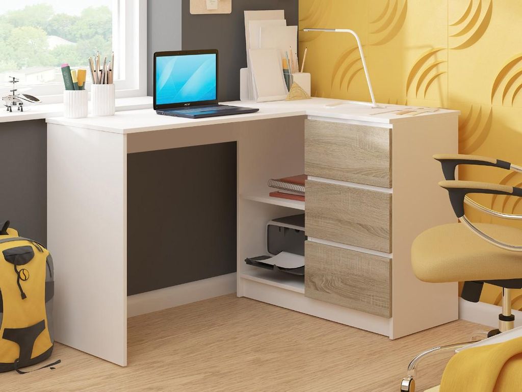 Eckschreibtisch – Büro Eckschreibtisch – Eck Computertisch – Bürotisch – 124 cm – Weiß / Sonoma Eiche – Funktionaler Bürotisch mit ...