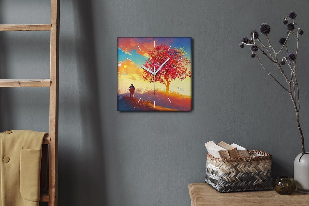 Coloray Hodiny Unikátní 30x30 cm Tiché hodiny Pro obývací pokoj a kuchyň Nástěnné hodiny Plátno Bílé ručičky hodin - Tree Hill Sunset