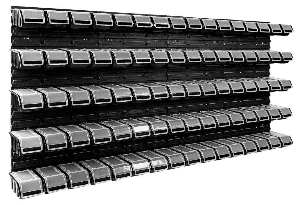 Wandregal mit Stapelboxen - 1544 x 780 mm - Lagersystem für 80 Boxen mit Deckel - Sichtlagerkästen und Schüttenregal, Schwarz