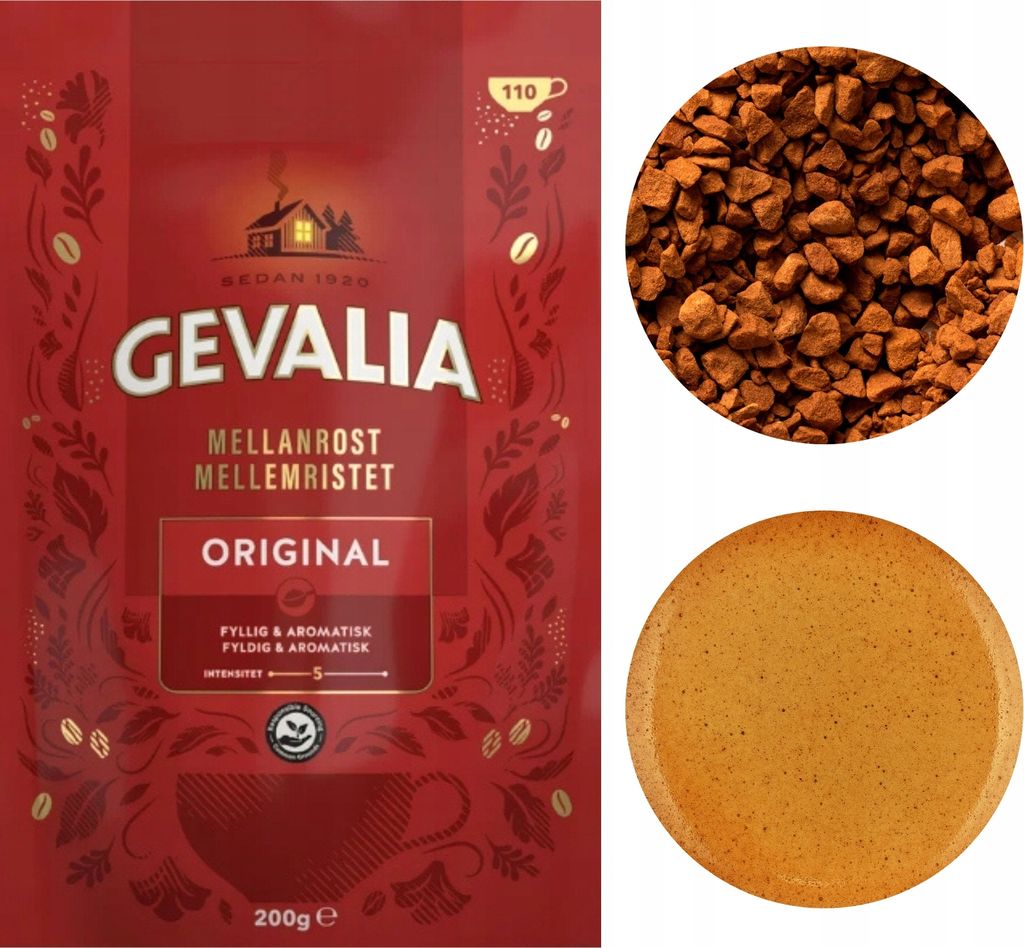 A collage showing a package of Gevalia coffee, a close-up of instant coffee granules, and a close-up of a coffee biscuit.
