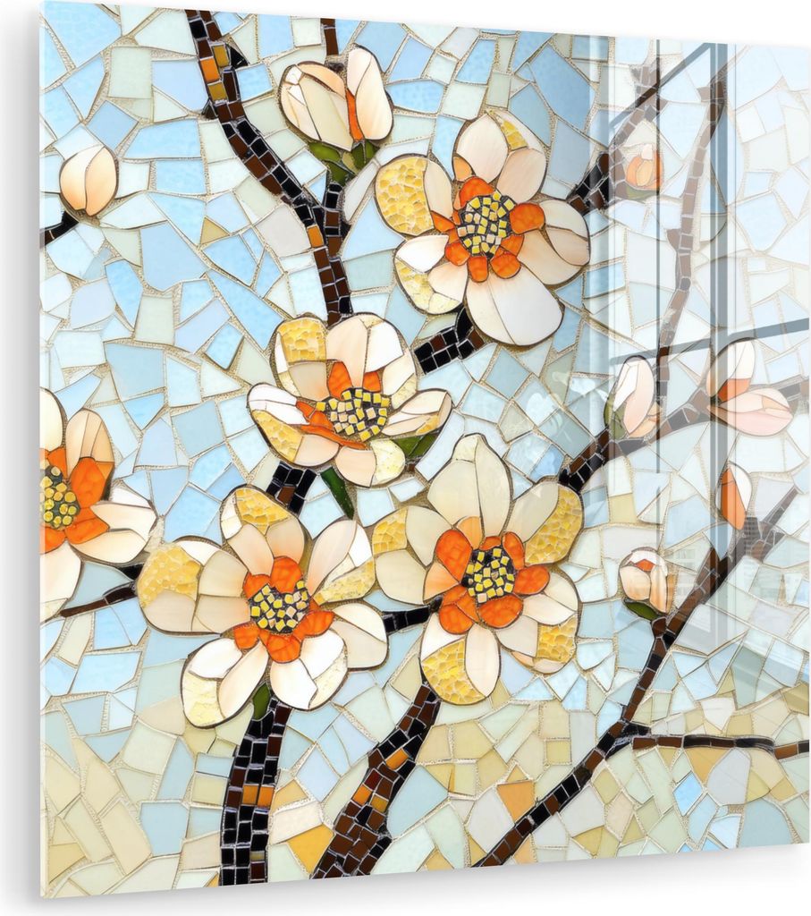 MuchoWow Glasbilder - Bilder auf Wandbild - Foto auf Glas Blüten - Weiß - Mosaik - Zweig 30x30 cm Wanddekoration aus Glas - Acrylglasbild - Acryl...