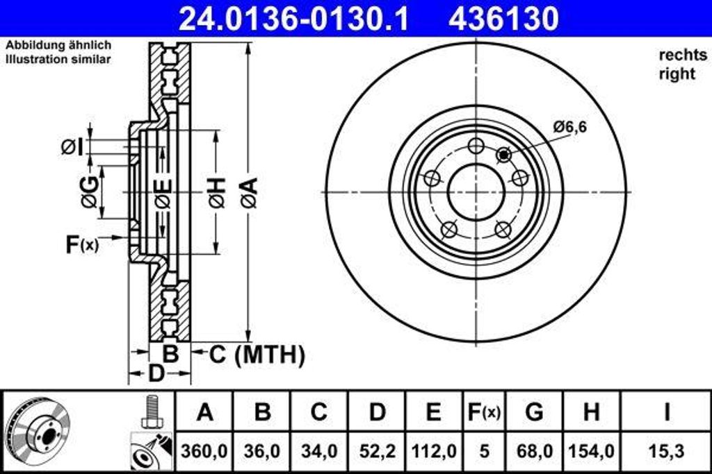 ATE 24.0136-0130.1 Bremsscheibe OE 95B615302E kompatibel mit Macan