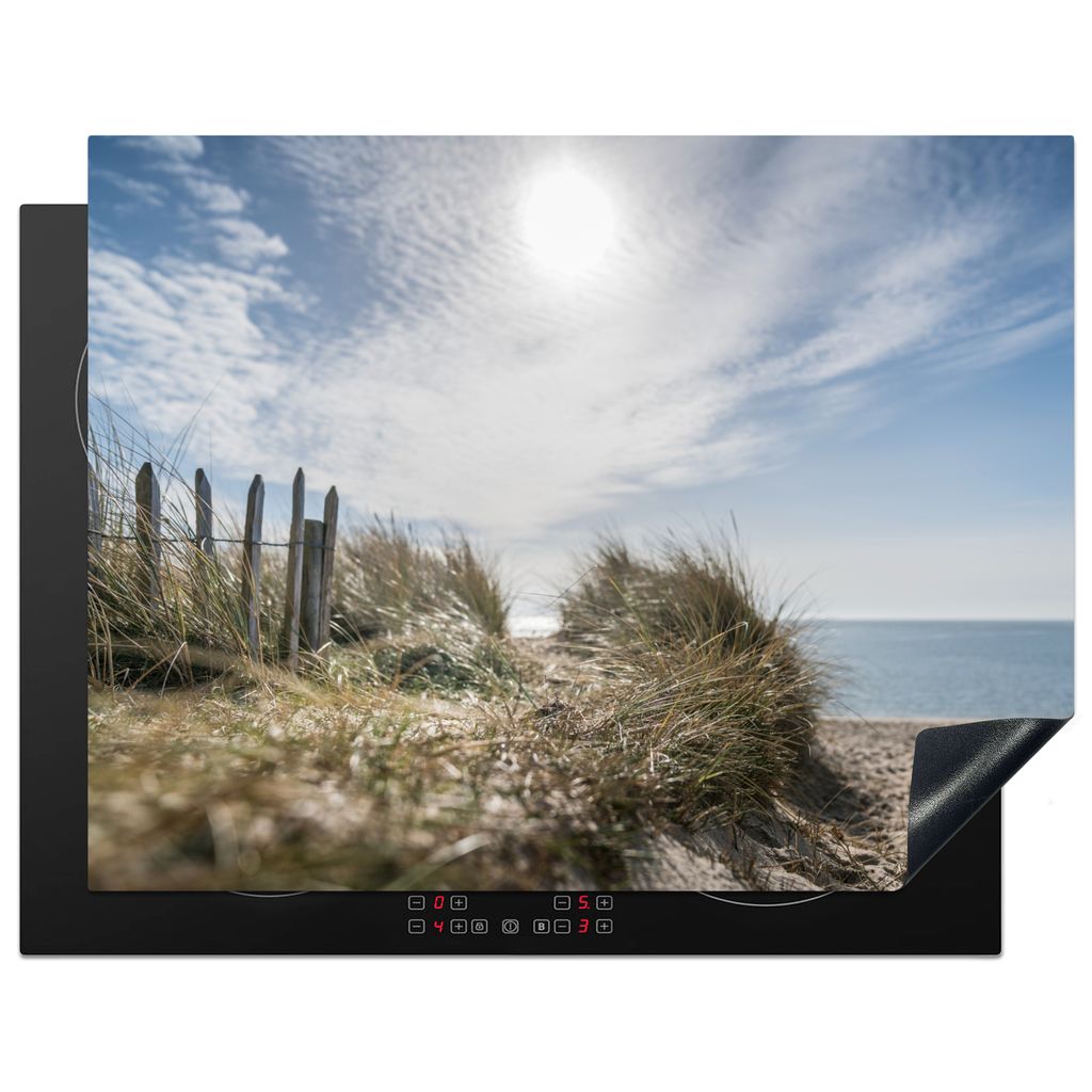 KitchenYeah Herdabdeckplatte Sonne - Wolken - Strand , 77x59cm, Küche Deko, Glaskeramikkochfeld Herdabdeckung, Abdeckplatte fùr Kochfeld
